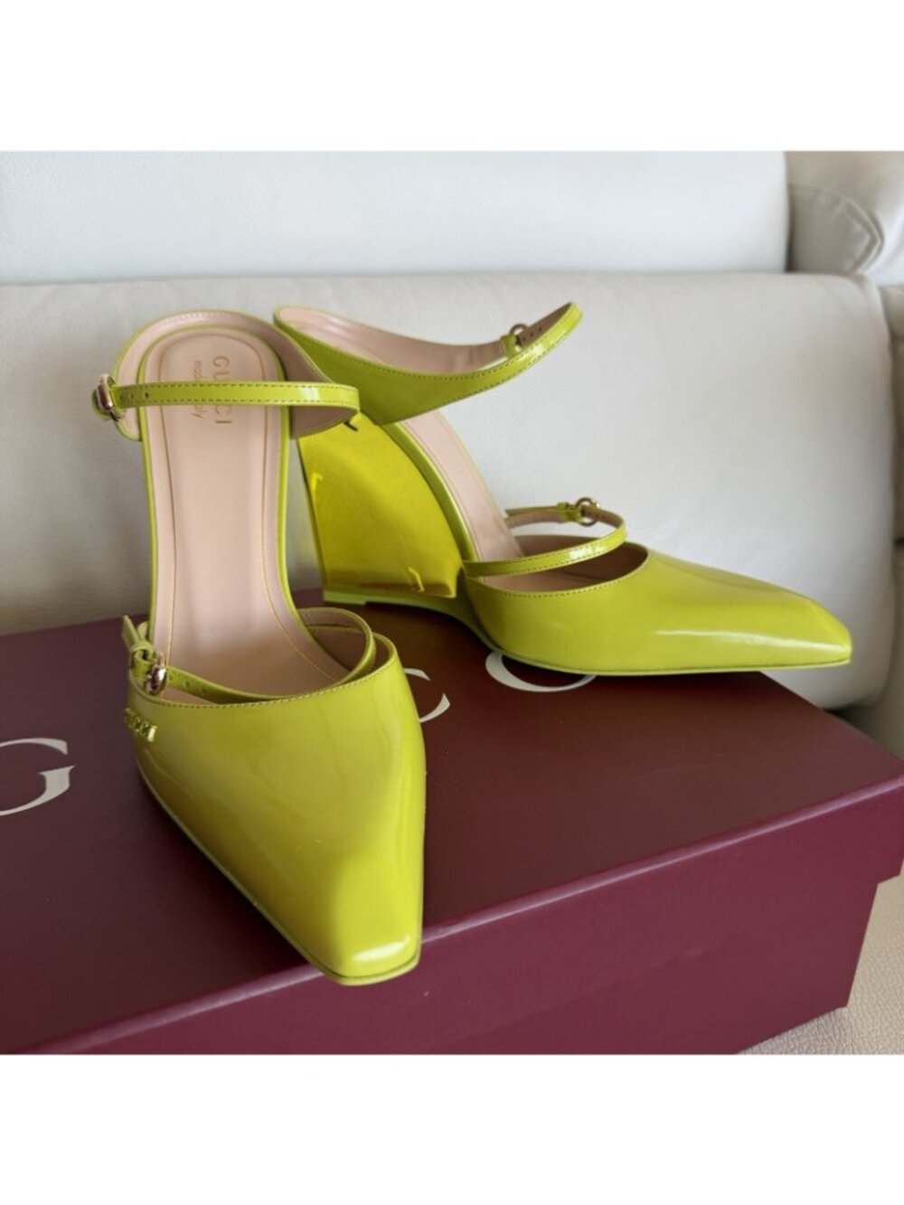 Gucci Lime Green Patent Leather Mary Jane Wedge Heels - Picture 9 of 11